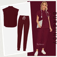 Burgundy women's medical workwear set featuring short sleeve top and jogger pants, ideal for healthcare professionals.