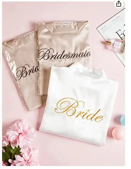 Bride and bridesmaid robes displayed on a pink background, featuring elegant script text.