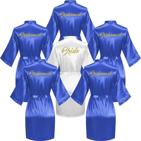 6-piece satin bridal shower robe set with blue bridesmaid robes and a white bride robe, stylish gift for bridal parties.