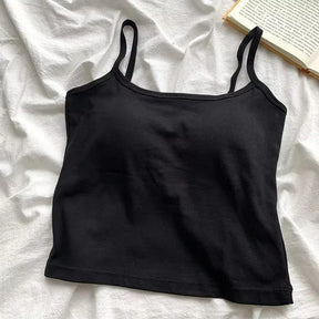 CottoForm™ padded cotton camisole in black, featuring a slim fit and summer sleeveless design on a soft fabric background.