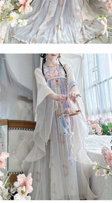 Elegant vintage Chinese Hanfu dress with floral patterns, flowing fabric, and traditional design.