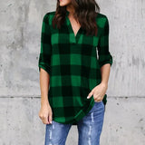 PlaidVibe V-Neck summer t-shirt in green plaid, lightweight women’s top ideal for casual beach style.