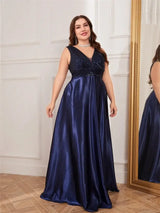 Women Plus Size Satin Sequin Evening Dress Long Prom Gown