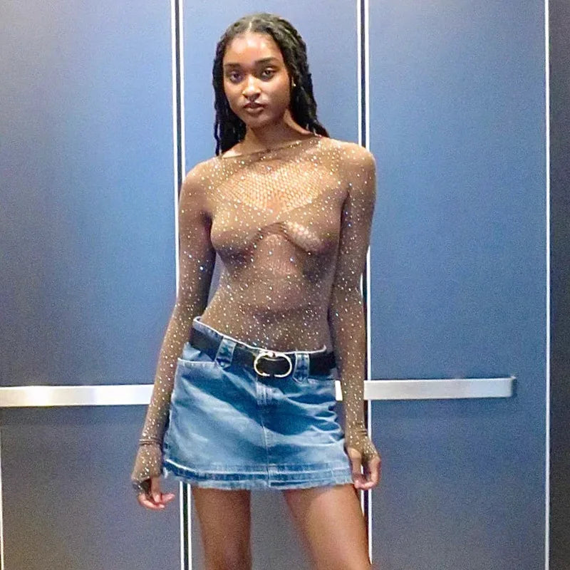 Women's Knitted Rhinestone Long Sleeve Bodysuit – Sexy Y2K Outfit