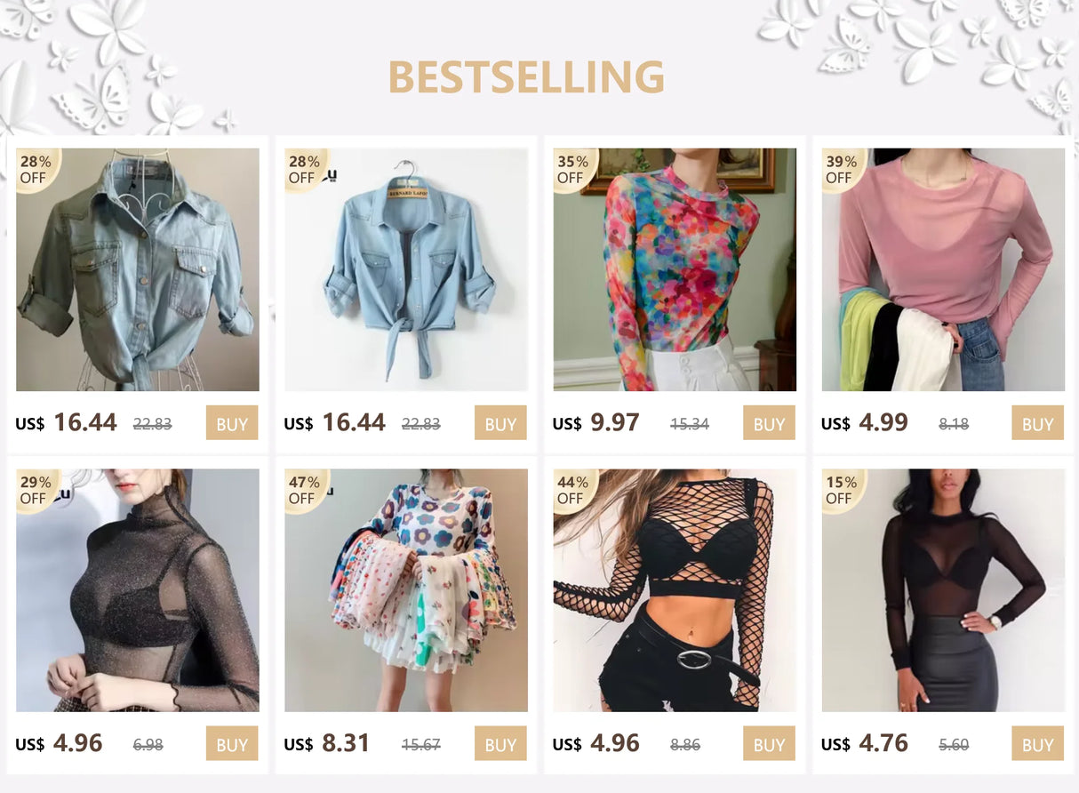 Collage of bestselling women’s clothing items including denim, colorful tops, and sheer blouses, showcasing various styles and prices.