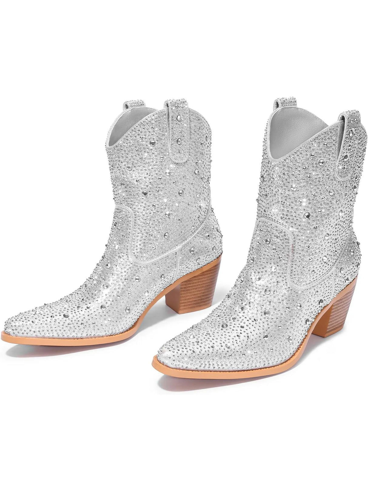 Women Silver Rhinestone Cowboy Boots – Sparkly Western Mid-Calf Boots