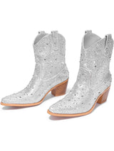 Women Silver Rhinestone Cowboy Boots – Sparkly Western Mid-Calf Boots