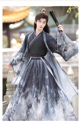Men's Martial Arts Hanfu featuring a cross collar design in black and gray traditional Chinese style, perfect for martial arts training.