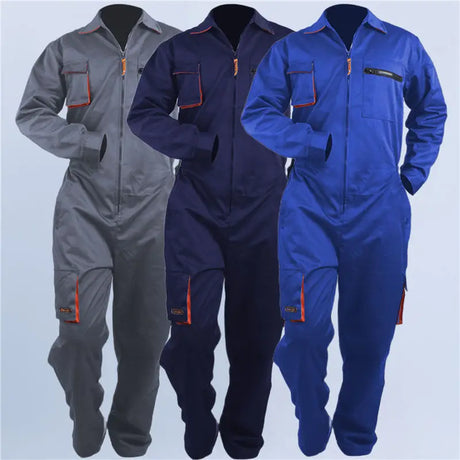 Mechanic welding coveralls in grey, navy, and blue for plus size auto repair, waterproof and windproof uniform.