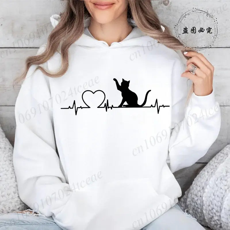 Women Cat Heartbeat Print Hoodie Streetwear Pullover