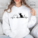Women Cat Heartbeat Print Hoodie Streetwear Pullover