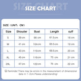 Size chart for pediatric nursing uniform, including shoulder, bust, length, and cuff measurements in centimeters.