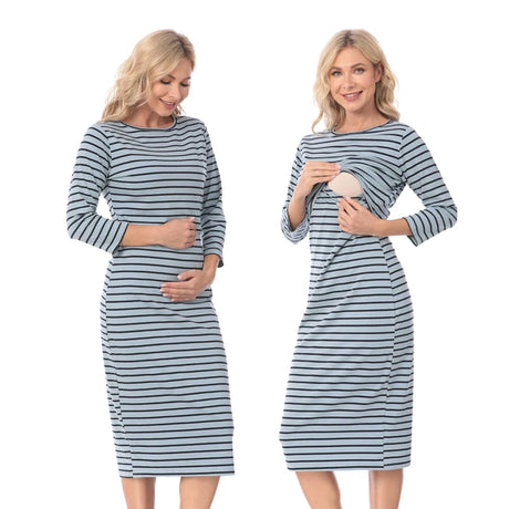 Postpartum nursing maternity dress in striped design, featuring 3/4 sleeves and breastfeeding function.