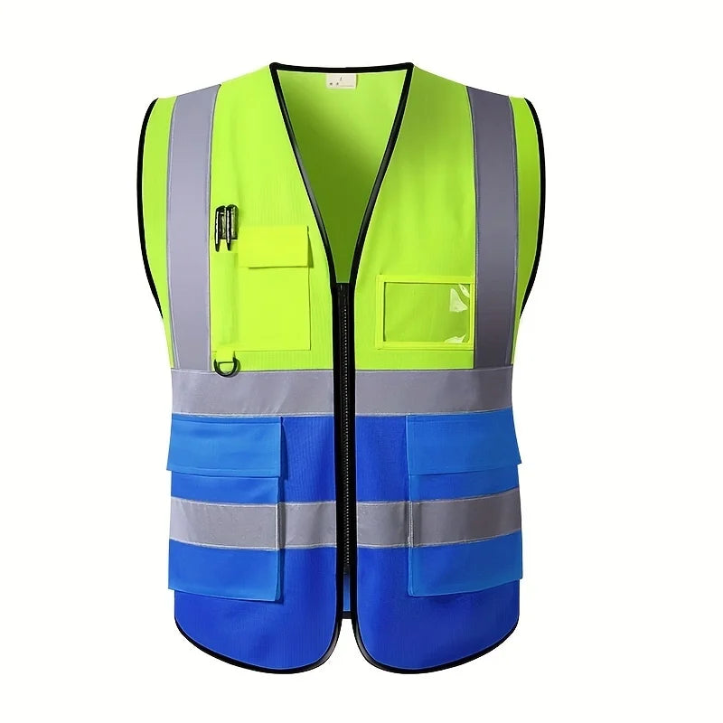 Unisex multi-pocket safety vest in bright yellow and blue, featuring reflective stripes and breathable fabric for workwear.