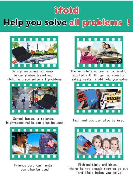 Ifold Portable Baby Car Seat showcases convenience in travel, fitting in cars, buses, and more for kids aged 7-12.