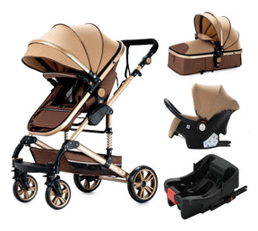 3 in 1 baby stroller with car seat and bassinet in stylish brown, foldable and suitable for ages 0-3 years.