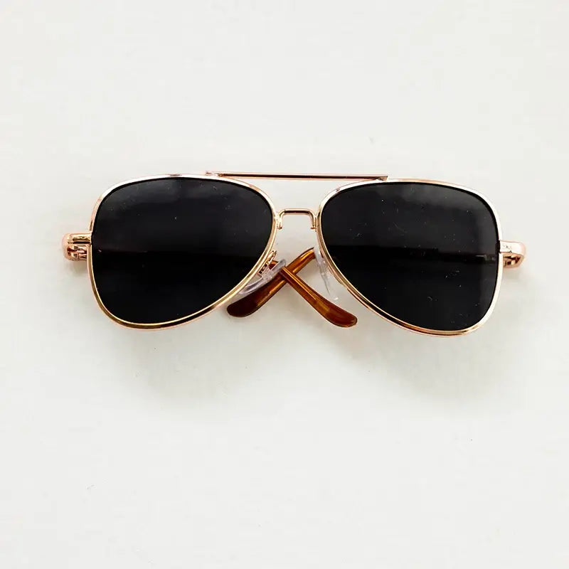 Stylish black sunglasses with gold frames, perfect for trendy photo shoots or accessories for babies.