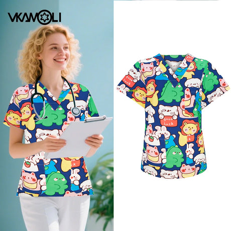 Cartoon print scrub tops for women by vkamoli, featuring colorful animal designs, perfect for medical professionals.