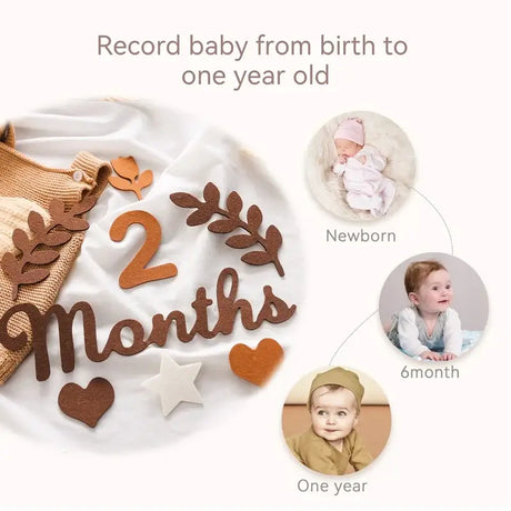 Baby milestone cards showcasing 2 months, with newborn, 6 months, and one year photos for tracking growth.