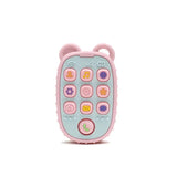 Baby teether glove toy shaped like a smartphone, soft silicone with colorful buttons for kids.
