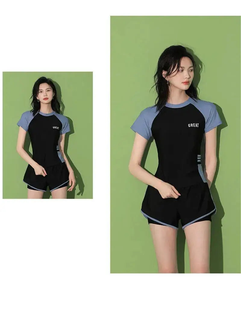 Women Patchwork Short Sleeve Swimsuit