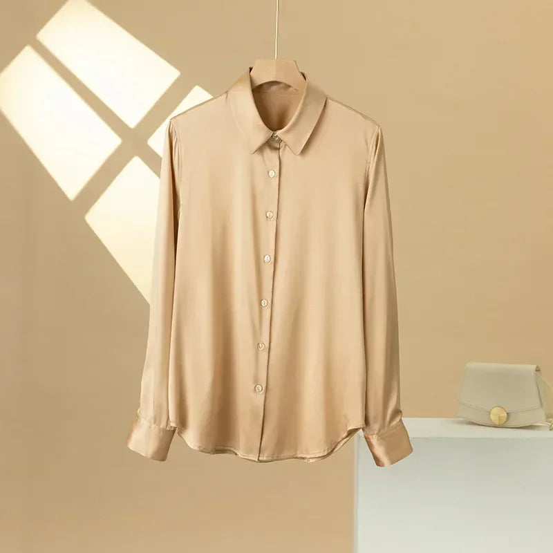 SatinGrace™ long sleeve silk shirt in beige, crafted from premium 95% Mulberry silk for a loose fit.