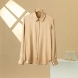 SatinGrace™ long sleeve silk shirt in beige, crafted from premium 95% Mulberry silk for a loose fit.