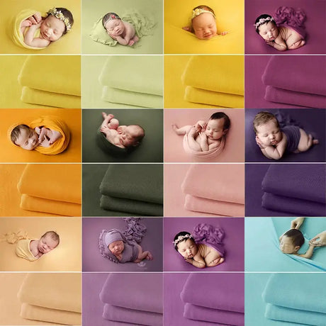 A collage of newborns wrapped in colorful soft blankets, showcasing various colors and textures for baby photography.