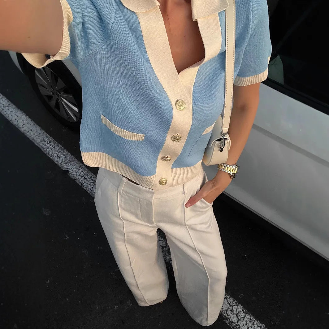 Tossy V-Neck Patchwork Knit Cardigan