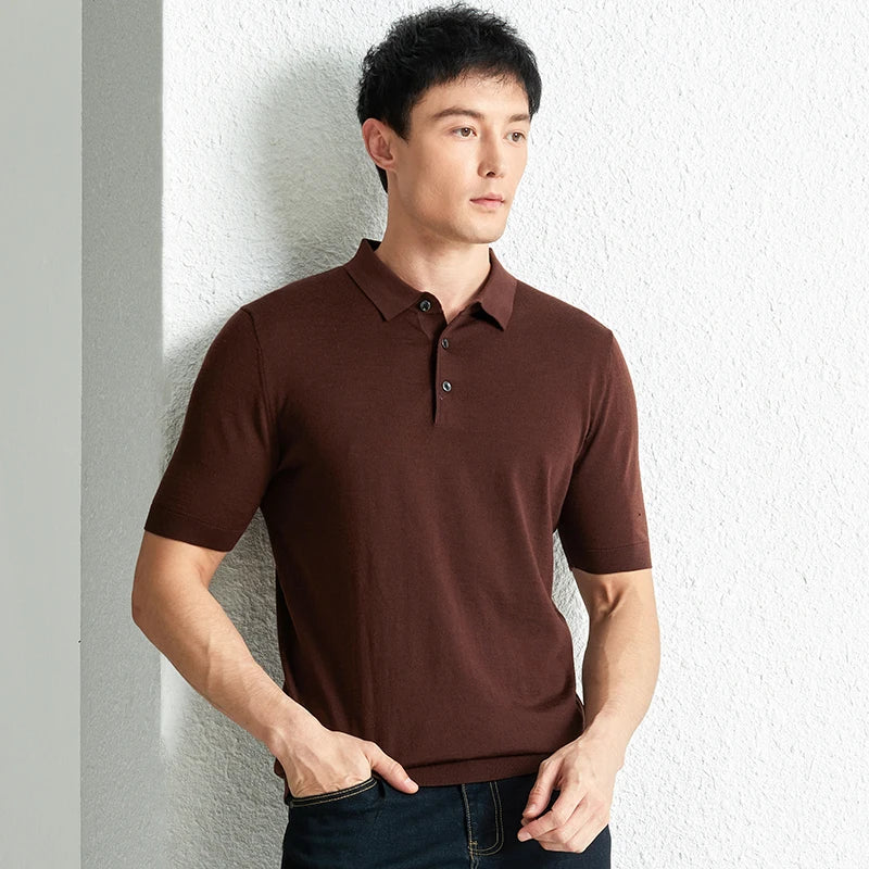 Men Short Sleeve Wool Polo Knit