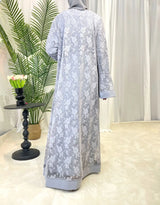 Back view of a grey Dubai Moroccan Kaftan showcasing floral design, perfect for all seasons and casual wear.