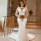 Women Beaded Mermaid Wedding Dress High Neck Long Sleeve