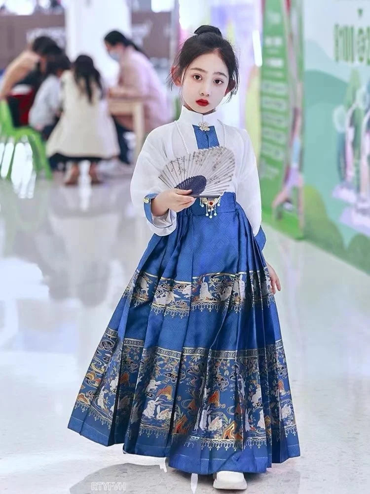 Summer Hanfu girls dress featuring elegant embroidered skirt, perfect for traditional occasions and cultural attire.