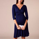 Fashion nursing maternity dress in navy blue, featuring a V-neck and knee-length design, perfect for summer breastfeeding.