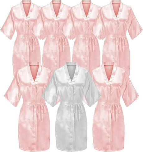 7-piece satin bride robe set in pink and white, perfect for bridal parties and summer events.