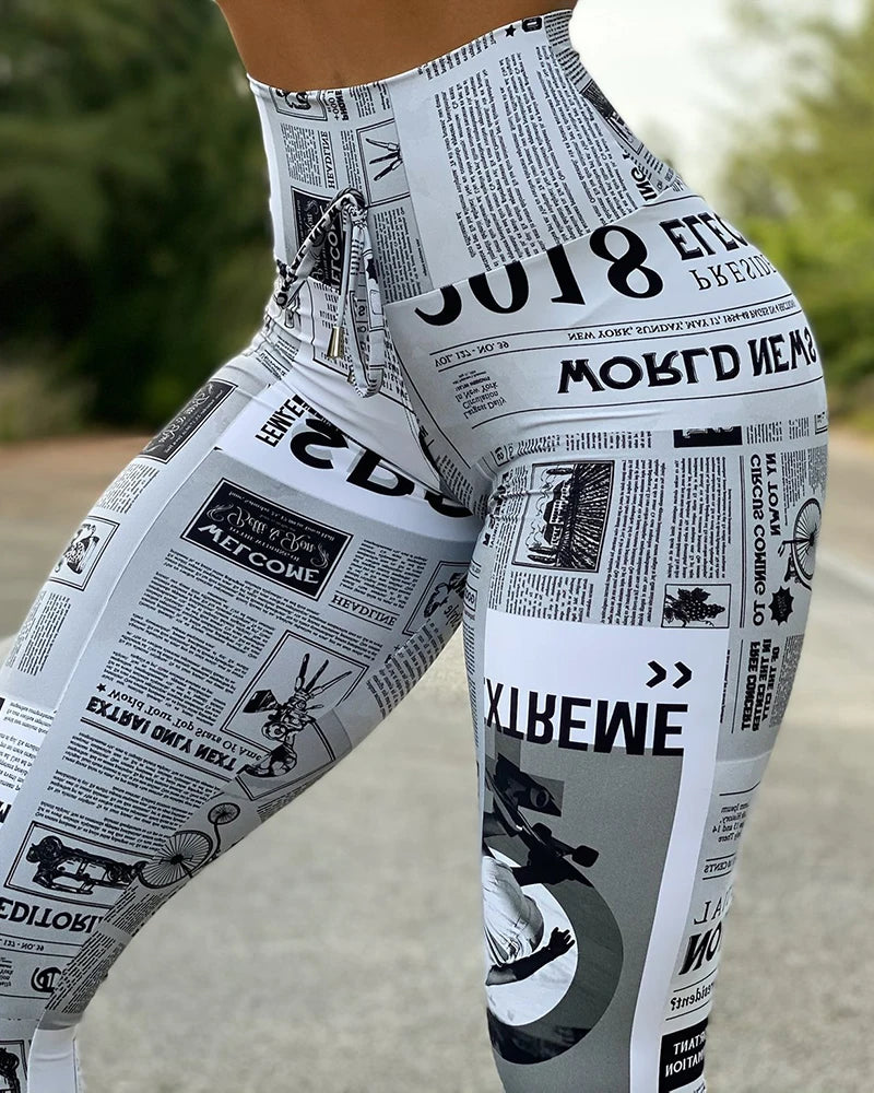 Women Newspaper Print Lifting Pants