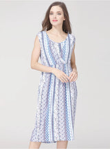 Round neck sleeveless cotton nursing dress in striped pattern, knee-length design for summer maternity wear.