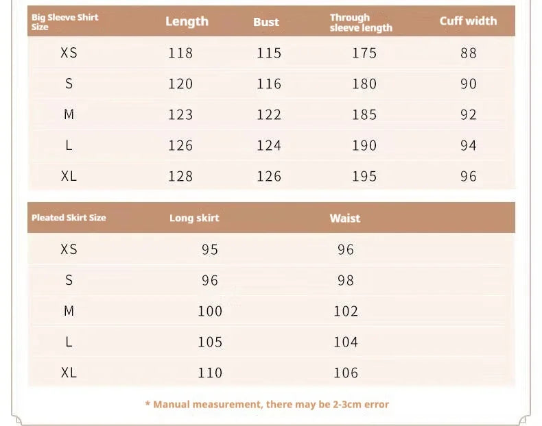 Size chart for Song Dynasty Hanfu set including measurements for shirts and pleated skirts.