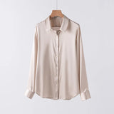 SatinGrace™ long sleeve silk shirt in beige, featuring a V-neck and single-breasted closure, made from luxurious Mulberry silk.