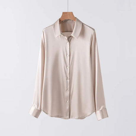 SatinGrace™ long sleeve silk shirt in beige, featuring a V-neck and single-breasted closure, made from luxurious Mulberry silk.