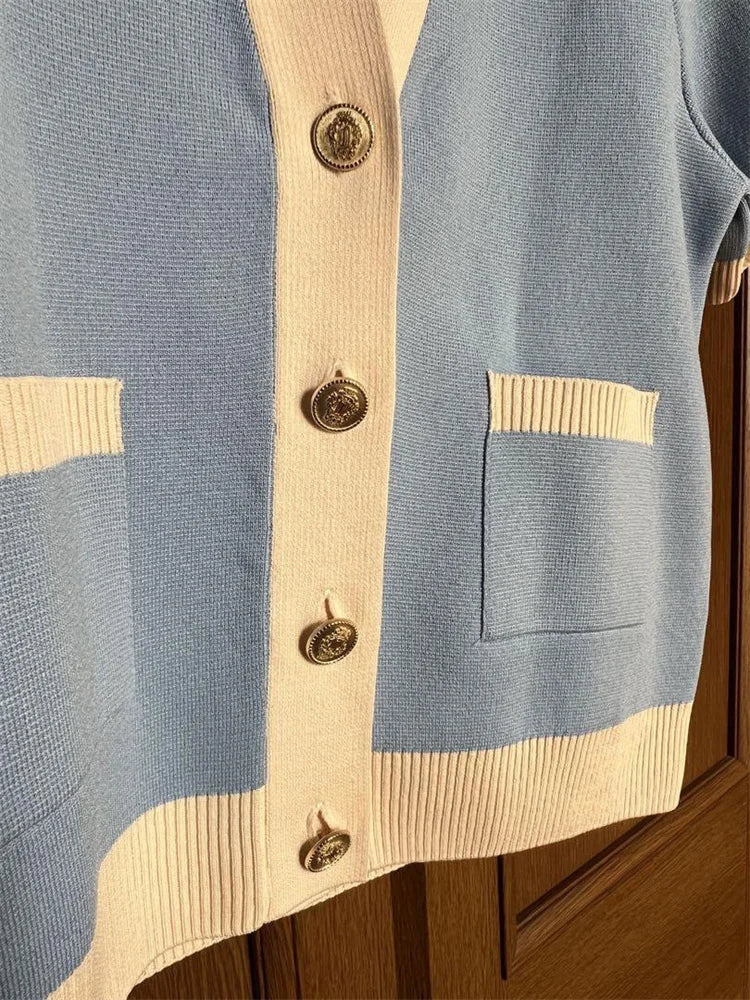 Tossy V-Neck Patchwork Knit Cardigan