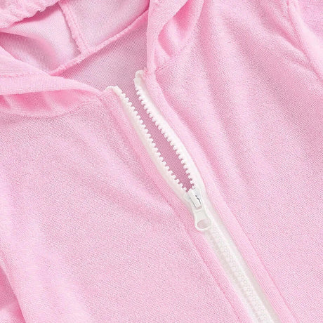 Close-up of pink toddler girls short sleeve zipper hooded dress, featuring a white zipper detail.
