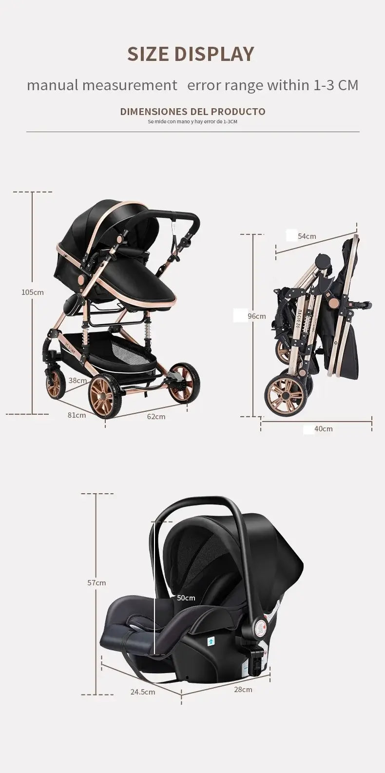 Size display for 3-in-1 baby stroller and car seat, showing dimensions and foldable design, suitable for ages 0-3 years.