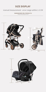 Size display for 3-in-1 baby stroller and car seat, showing dimensions and foldable design, suitable for ages 0-3 years.