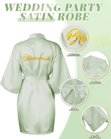 Wedding party satin robe for bridesmaids with gilded text and adjustable belt, featured in mint green.