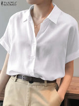 ZanzeaEase™ oversized white summer blouse, button-down style with relaxed fit and turn-down collar.