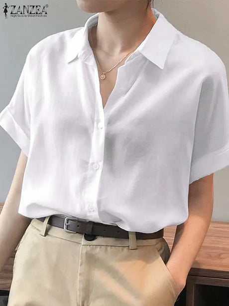 ZanzeaEase™ oversized white summer blouse, button-down style with relaxed fit and turn-down collar.