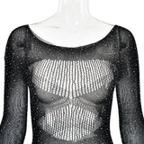 Women's Knitted Rhinestone Long Sleeve Bodysuit – Sexy Y2K Outfit