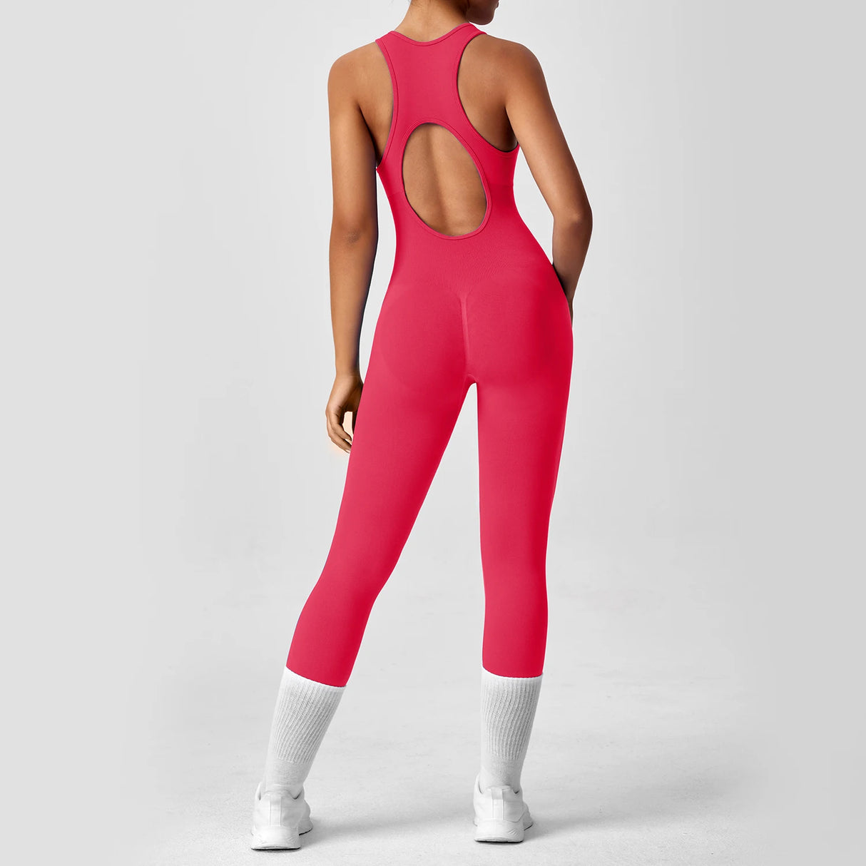 Seamless Peach Booty One-Piece Yoga Bodysuit – V-Back Tummy Control