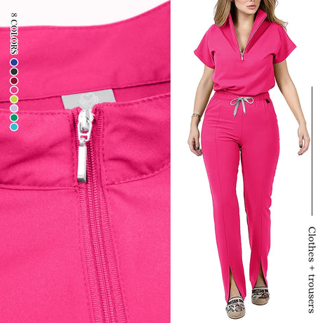 Pink women's medical scrub set with zipper top and stylish pants, available in multiple colors.